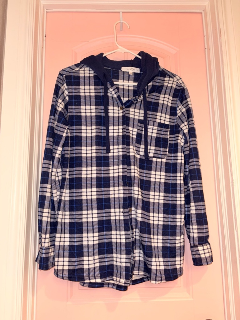 Navy & White Plaid Hooded Flannel Shirt